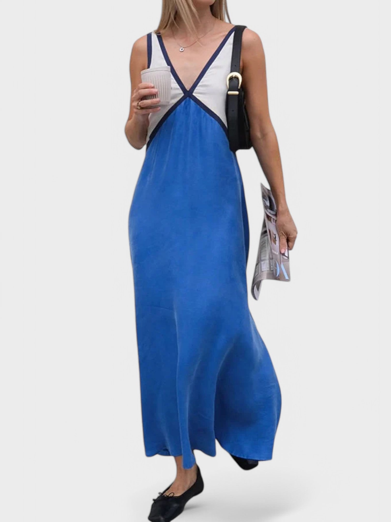 Lara - Vestido elegante com decote em V de cor contrastante