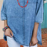 Camisa jeans solta casual com meia manga