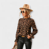 Kayla - Blusa de Leopardo com Gola Plissada