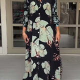 Vestido maxi casual com estampa floral, lapelas e botões