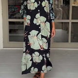 Vestido maxi casual com estampa floral, lapelas e botões