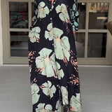 Vestido maxi casual com estampa floral, lapelas e botões