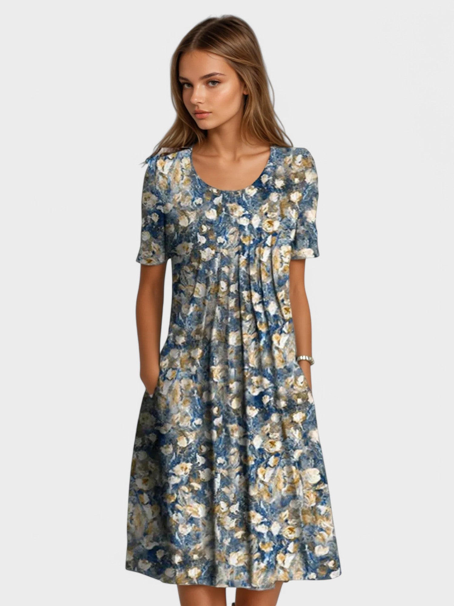 Adelina - Vestido Midi Floral de Manga Curta