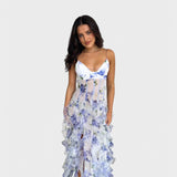 Vestido Maxi com Babados Florais | Chiffon | Elegante e Fluidos