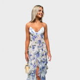 Vestido Maxi com Babados Florais | Chiffon | Elegante e Fluidos