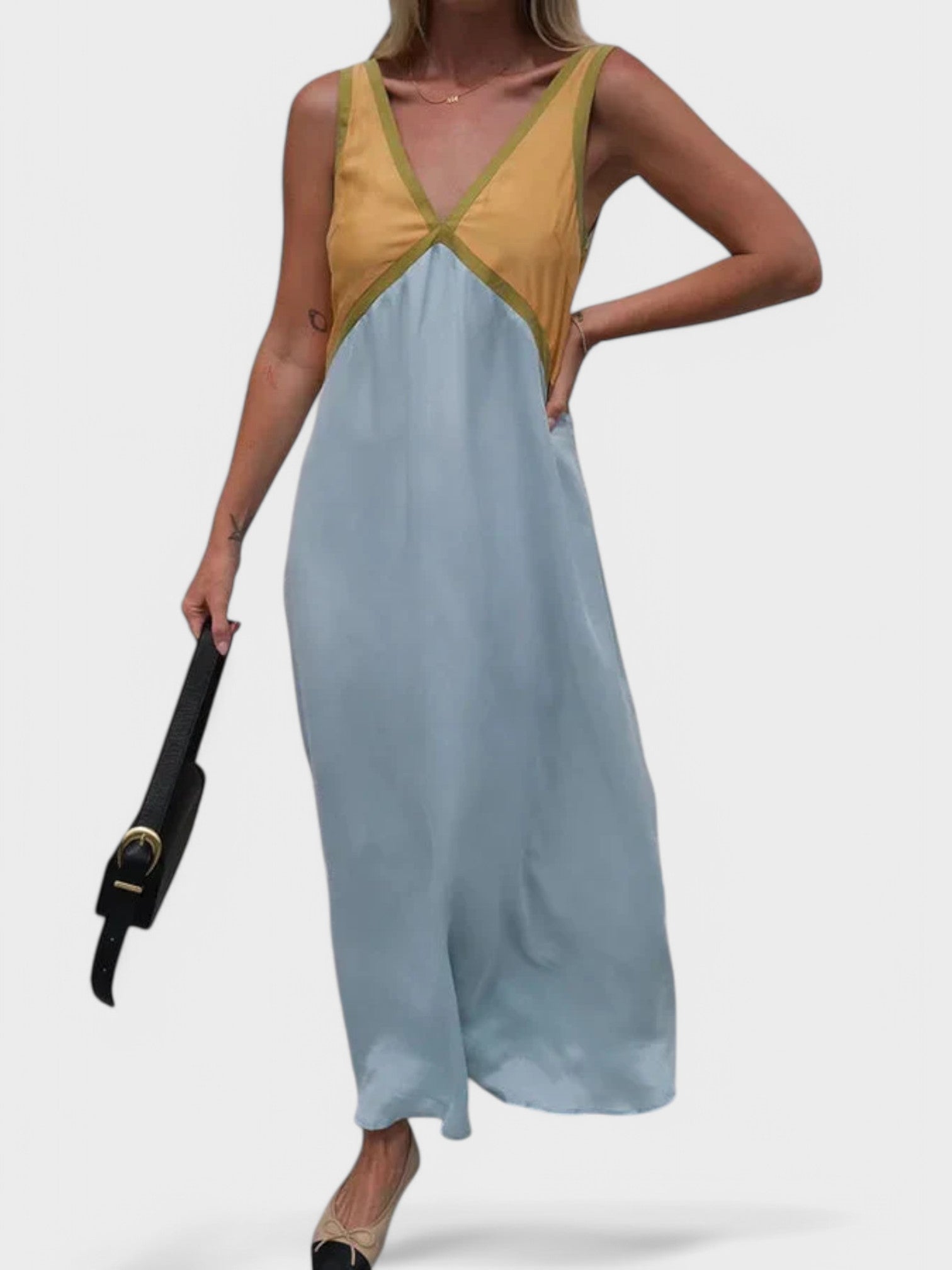 Lara - Vestido elegante com decote em V de cor contrastante