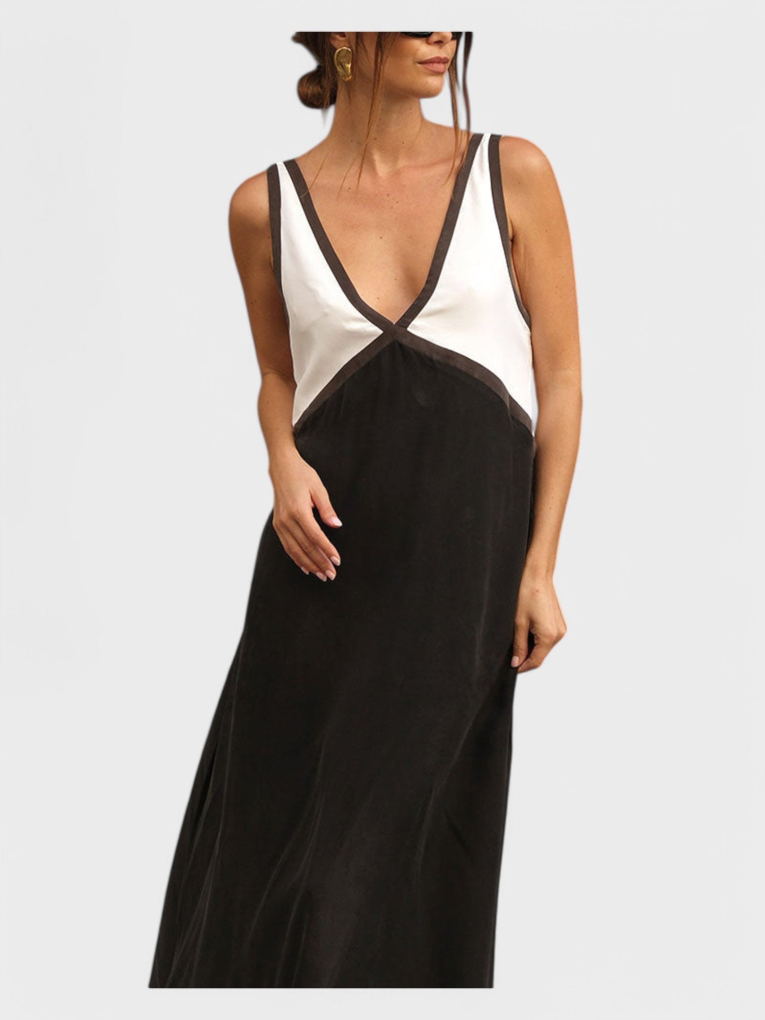 Lara - Vestido elegante com decote em V de cor contrastante