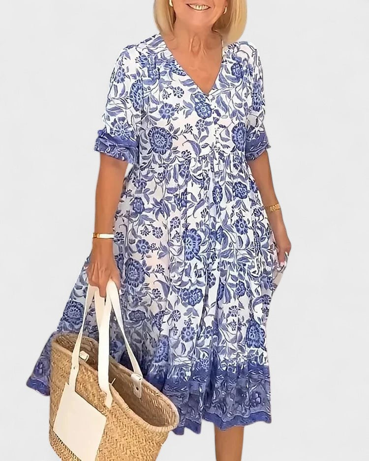 Hannah – Elegante Vestido de Flores com Decote em V