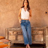 Zoe | Jeans Largos com Fechamento Assimétrico